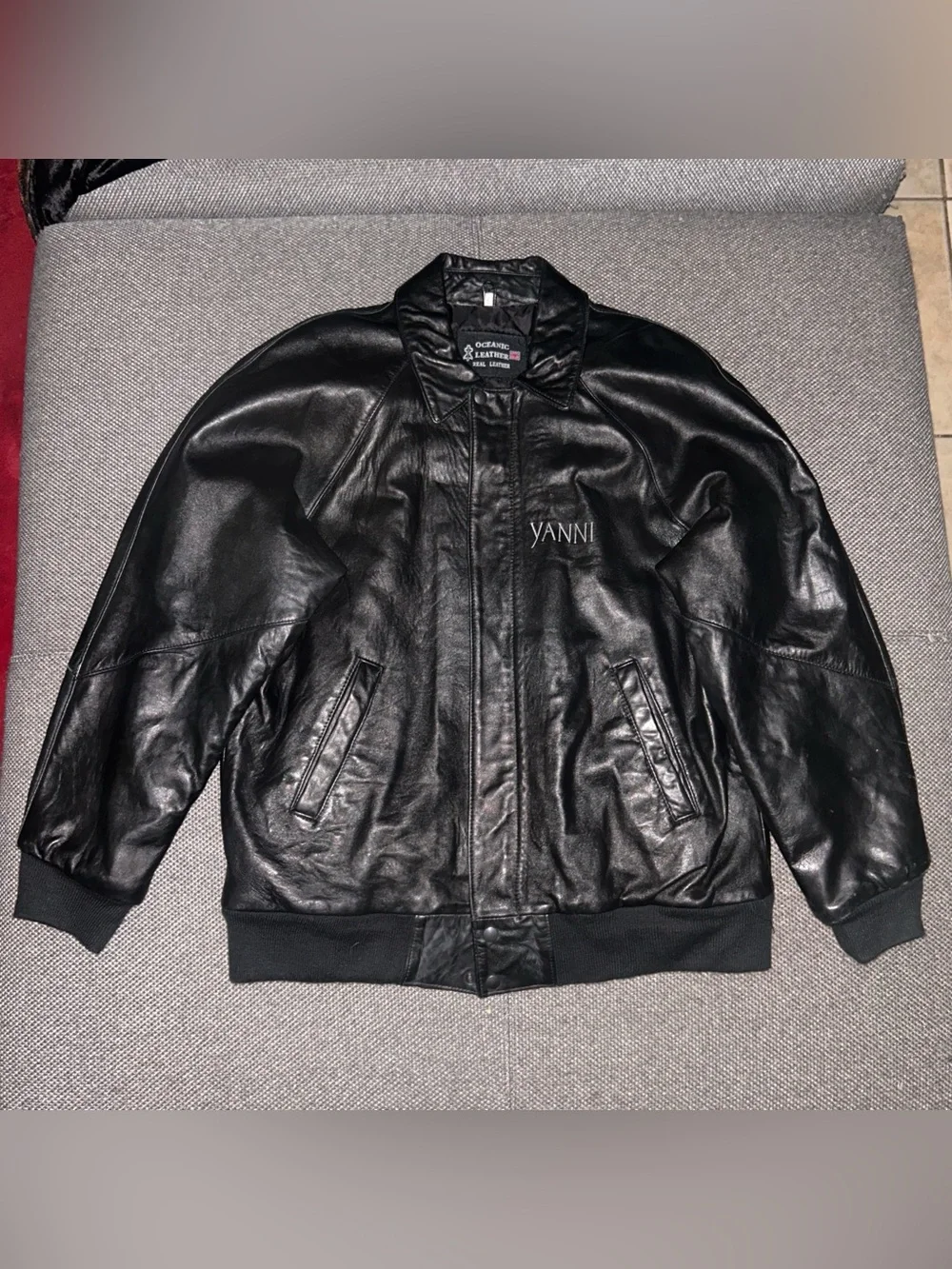 90s Black Genuine Leather Full Zip Bomber Jacket